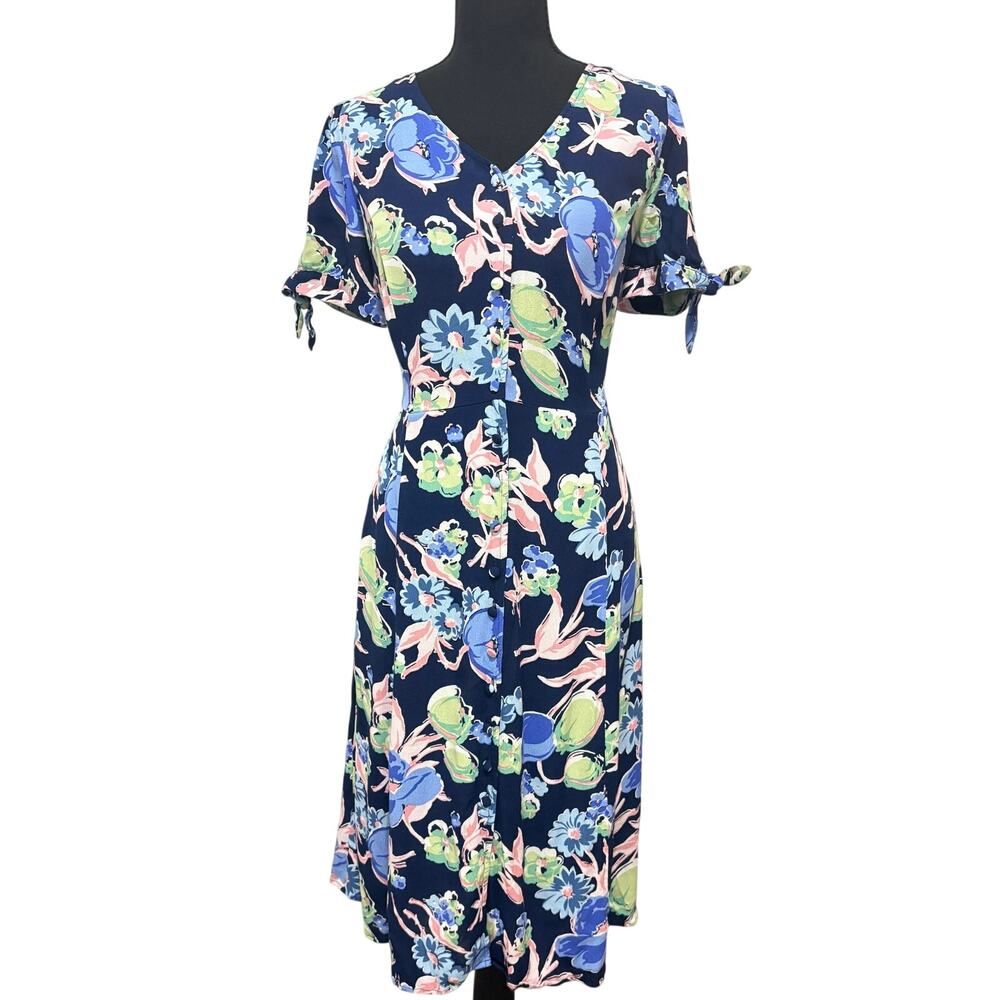 Talbots Petite 8P Floral Midi Dress V Neck Tie Sleeve Button Front Viscose